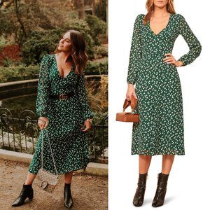 REFORMATION Joy Green Floral LS Midi Dress